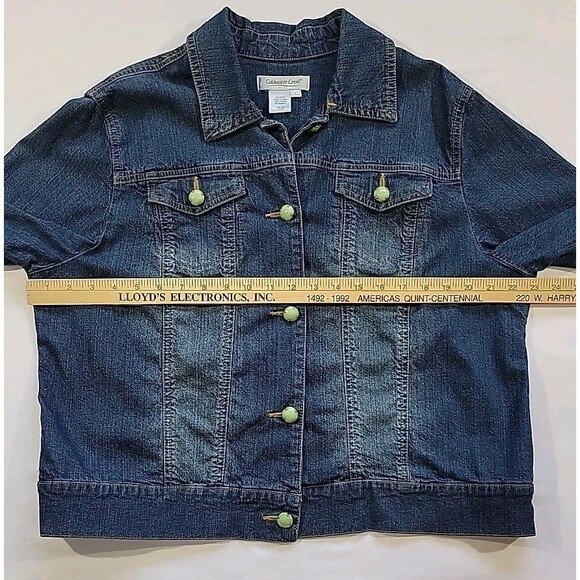 Coldwater Creek Denim Jacket Green Jeweled Buttons Southwestern Boho Size Large - Picture 11 of 14